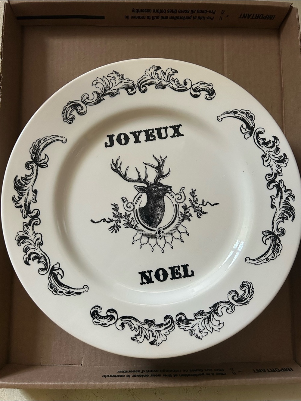 Joyeux Noel Black and White Deer Dinner Plate